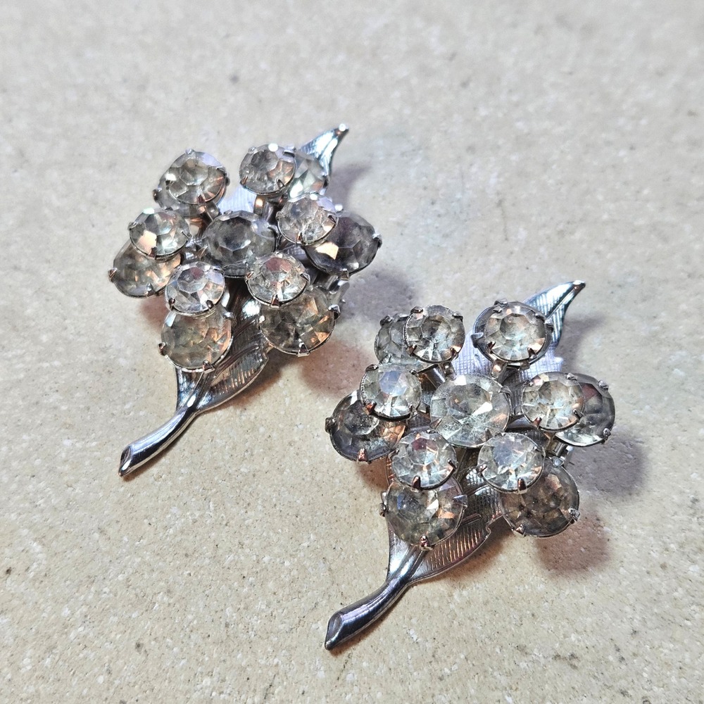 Vtg Silver Tone Rhinestone Leaf Flower Brooch Pin Set Lot 2 Wedding Boutonniere